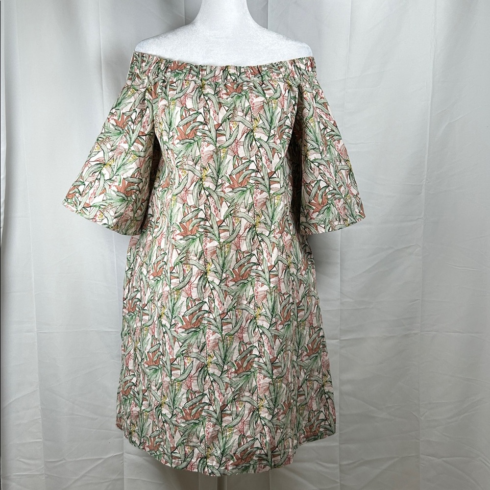 H&M Tropical Leaf Off Shoulder Dress Women’s Size 4 Green Resort Cover Up